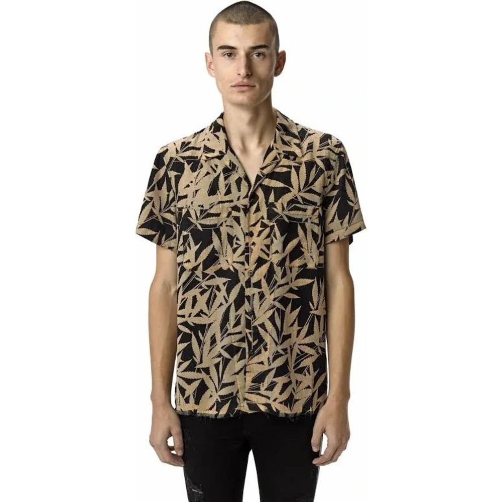 AMIRI Leaf Print Tencel Camp Collar Button Down‎ Shirt In Brown Black Size M